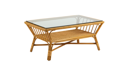 Elegant woven coffee table with glass top, showcasing a modern living room setup with a cozy ambiance and stylish decor