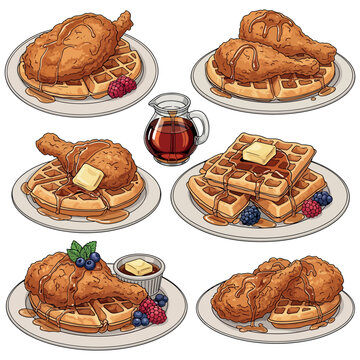 Chicken And Waffles vector. Chicken And Waffles Vector bundle.  Chicken And Waffles vector, illustration, lineart 