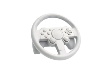 White gaming steering wheel controller with integrated gamepad buttons and analog sticks, isolated on a transparent background