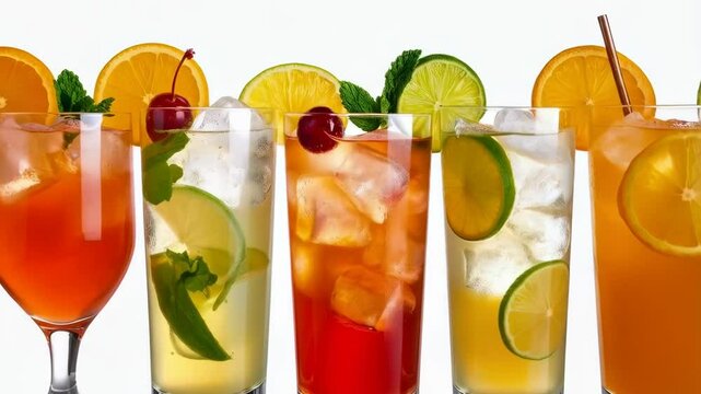 Variety of colorful mixed cocktails with ice cubes and fruit slices, arranged on a white surface. Refreshing alcoholic and non-alcoholic beverages for summer.