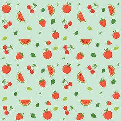 Seamless pattern with apples, cherries, strawberries, watermelon slices, and green leaves on a light green background. Fresh fruit design in flat style. Great for fabric, wrapping, and summer decor.