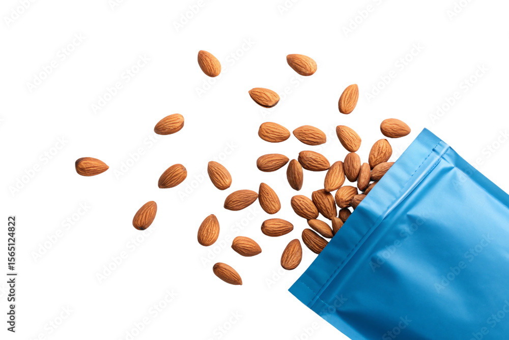 Poster raw almonds spilling dynamically from bright blue resealable pouch package scattered across clean wh