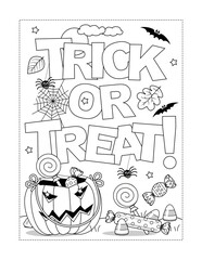 Halloween "Trick or treat!" coloring page, poster, sign or banner black and white activity sheet 
