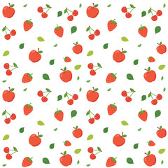 Seamless pattern with apples, cherries, strawberries, watermelon and green leaves on transparent background. Fresh fruit design in flat style. Great for fabric, packaging and summer decor. Vector
