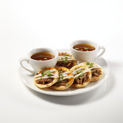 Traditional Chinese tea with dumplings on white table background