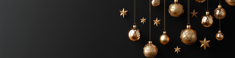 Gold Christmas balls on black background with copy space