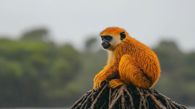 Orange monkey perched on roots