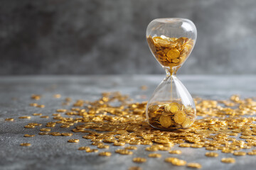 Transparent hourglass filled with tiny gold coins, placed on a matte concrete surface