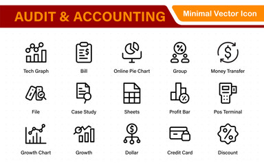 Set of line icons related to accounting, audit, and taxes. Outline icon collection. Business symbols.Income set. Containing money, tax, earnings, payment, paycheck, work, pension, and wages icons.