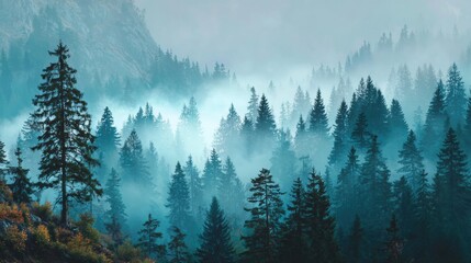 Mysterious Forest Enveloped in Soft Fog with Towering Trees Creating an Enchanting Natural Scene