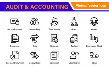 Set of line icons related to accounting, audit, and taxes. Outline icon collection. Business symbols.Income set. Containing money, tax, earnings, payment, paycheck, work, pension, and wages icons.