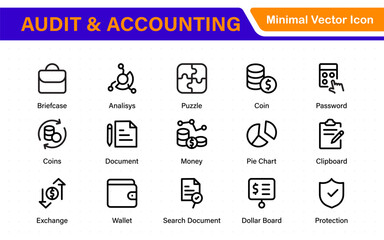 Set of line icons related to accounting, audit, and taxes. Outline icon collection. Business symbols.Income set. Containing money, tax, earnings, payment, paycheck, work, pension, and wages icons.
