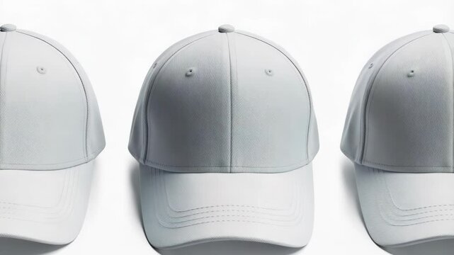Three plain white baseball caps displayed in a row on a white background, showing the front details and the cap's structure.
