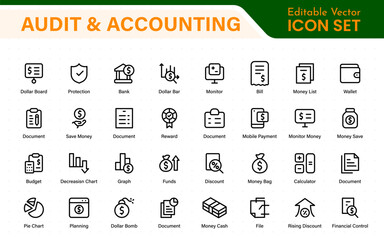 Set of line icons related to accounting, audit, and taxes. Outline icon collection. Business symbols.Income set. Containing money, tax, earnings, payment, paycheck, work, pension, and wages icons.