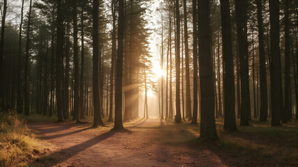 Obraz premium Golden sunlight shines through tall pine trees on a peaceful forest path during sunrise.