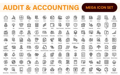 Set of line icons related to accounting, audit, and taxes. Outline icon collection. Business symbols.Income set. Containing money, tax, earnings, payment, paycheck, work, pension, and wages icons.