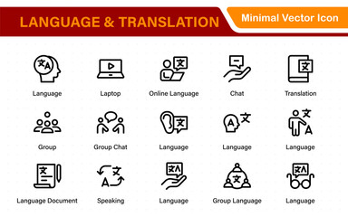Language and translation web icon set in line style. Language translation, linguistics, speaking, dictionary, listening skills, writing, translate, collection.