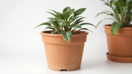 Fototapeta premium Close up of two potted plants with green leaves on a white background in a well lit environment