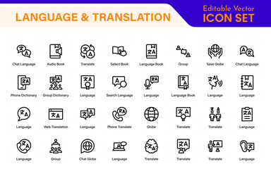 Language and translation web icon set in line style. Language translation, linguistics, speaking, dictionary, listening skills, writing, translate, collection.