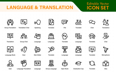 Language and translation web icon set in line style. Language translation, linguistics, speaking, dictionary, listening skills, writing, translate, collection.