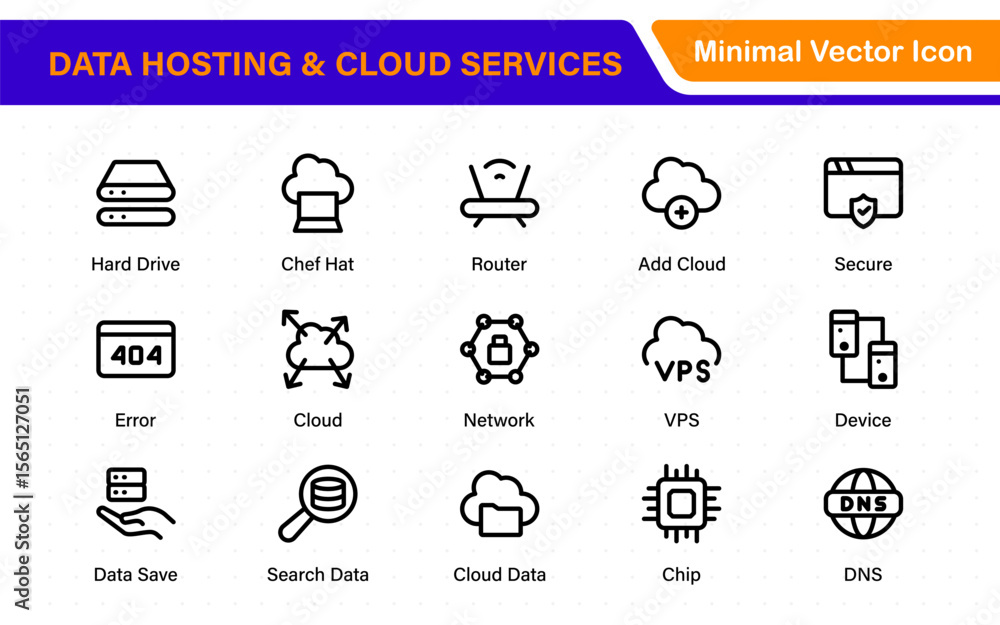 Poster data hosting and cloud services icons. linear style icon bundle.outline icon collection.