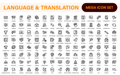 Language and translation web icon set in line style. Language translation, linguistics, speaking, dictionary, listening skills, writing, translate, collection.
