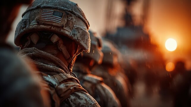 Soldiers in formation during sunset, preparing for an operation in a rugged outdoor environment