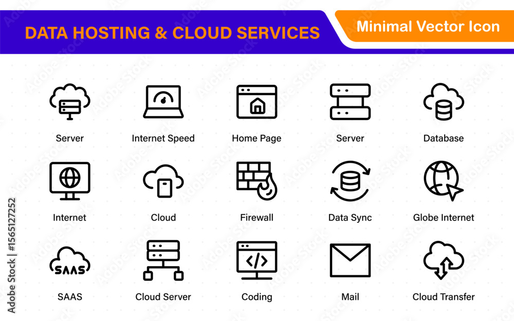 Poster data hosting and cloud services icons. linear style icon bundle.outline icon collection.