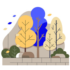 Colorful autumn trees behind stone fence flat illustration