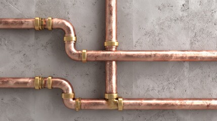 Copper pipes with brass fittings arranged against a gray concrete wall, showcasing plumbing infrastructure.