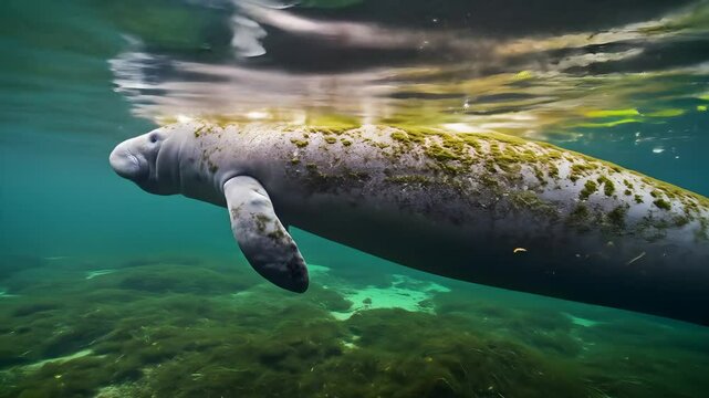 Manatee Gracefully Swimming in Crystal Clear Freshwater River