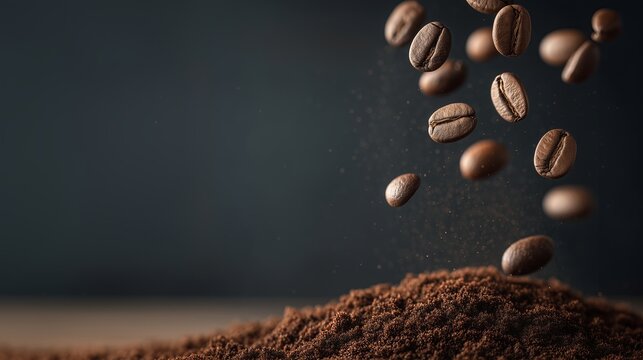 Coffee beans fall onto ground coffee in an artistic display capturing the richness of java