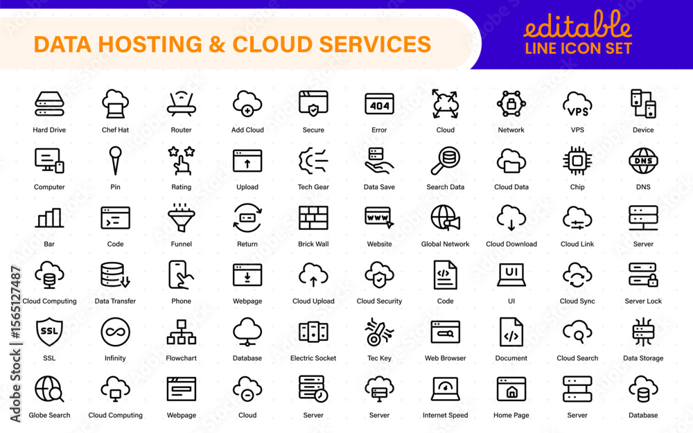 Poster data hosting and cloud services icons. linear style icon bundle.outline icon collection.