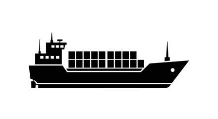 Obraz premium Black vector silhouette of a cargo ship on the sea, an isolated nautical transport vessel illustration