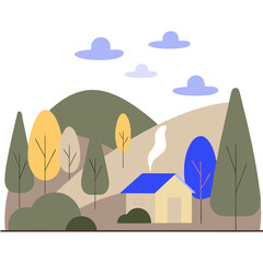 Cozy house in autumn mountains landscape flat illustration