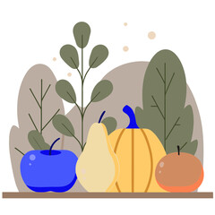 Autumn fruits and pumpkin with leaves flat illustration