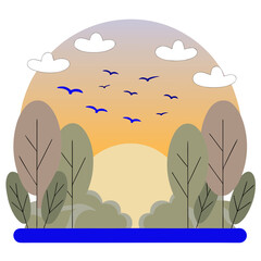 Birds flying over autumn forest at sunrise flat illustration