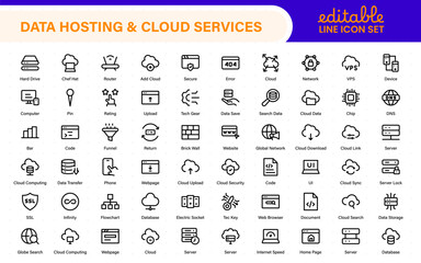 Data hosting and cloud services icons. Linear style icon bundle.Outline icon collection.