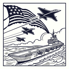 Detailed Line Art Illustration of a Naval Aircraft Carrier Sailing on the Ocean