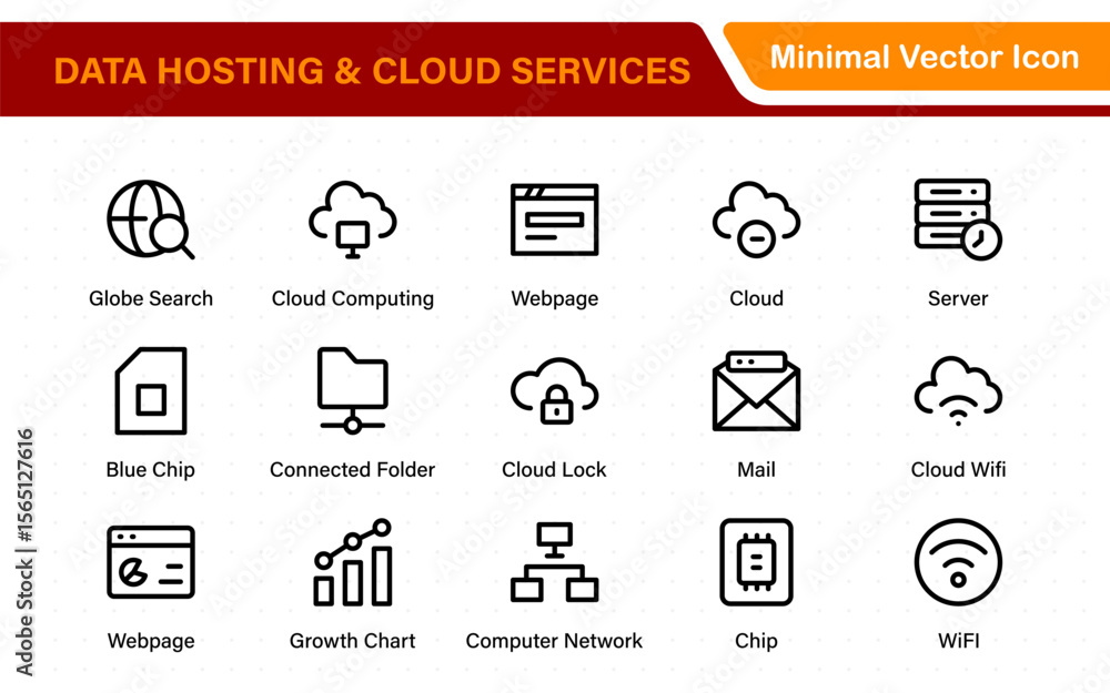 Fototapete Data hosting and cloud services icons. Linear style icon bundle.Outline icon collection.