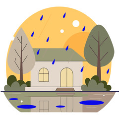 House in autumn rain with reflection in water flat illustration