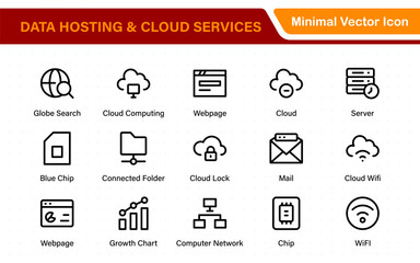 Data hosting and cloud services icons. Linear style icon bundle.Outline icon collection.