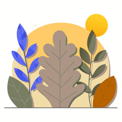 Colorful autumn leaves with sun flat illustration