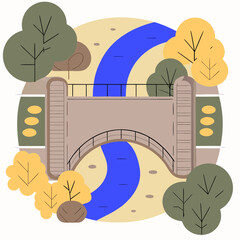 Stone bridge over blue river in autumn park flat illustration
