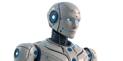 A realistic humanoid robot head and neck isolated on transparent background