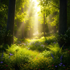 Fototapeta premium Sunlight streams through a lush forest, illuminating ferns, wildflowers, and the verdant undergrowth.