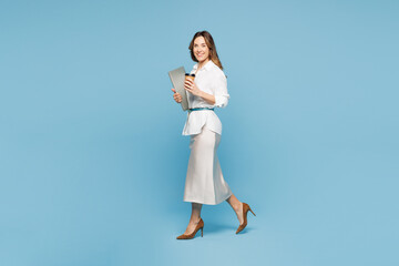 Full body young employee IT business woman corporate lawyer wears shirt classic formal clothes work...