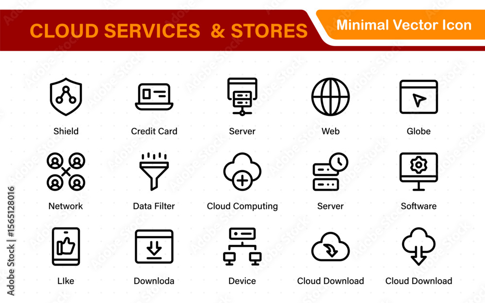 Fototapete cloud services and web hosting icons set. linear style icon bundle.outline icon collection.