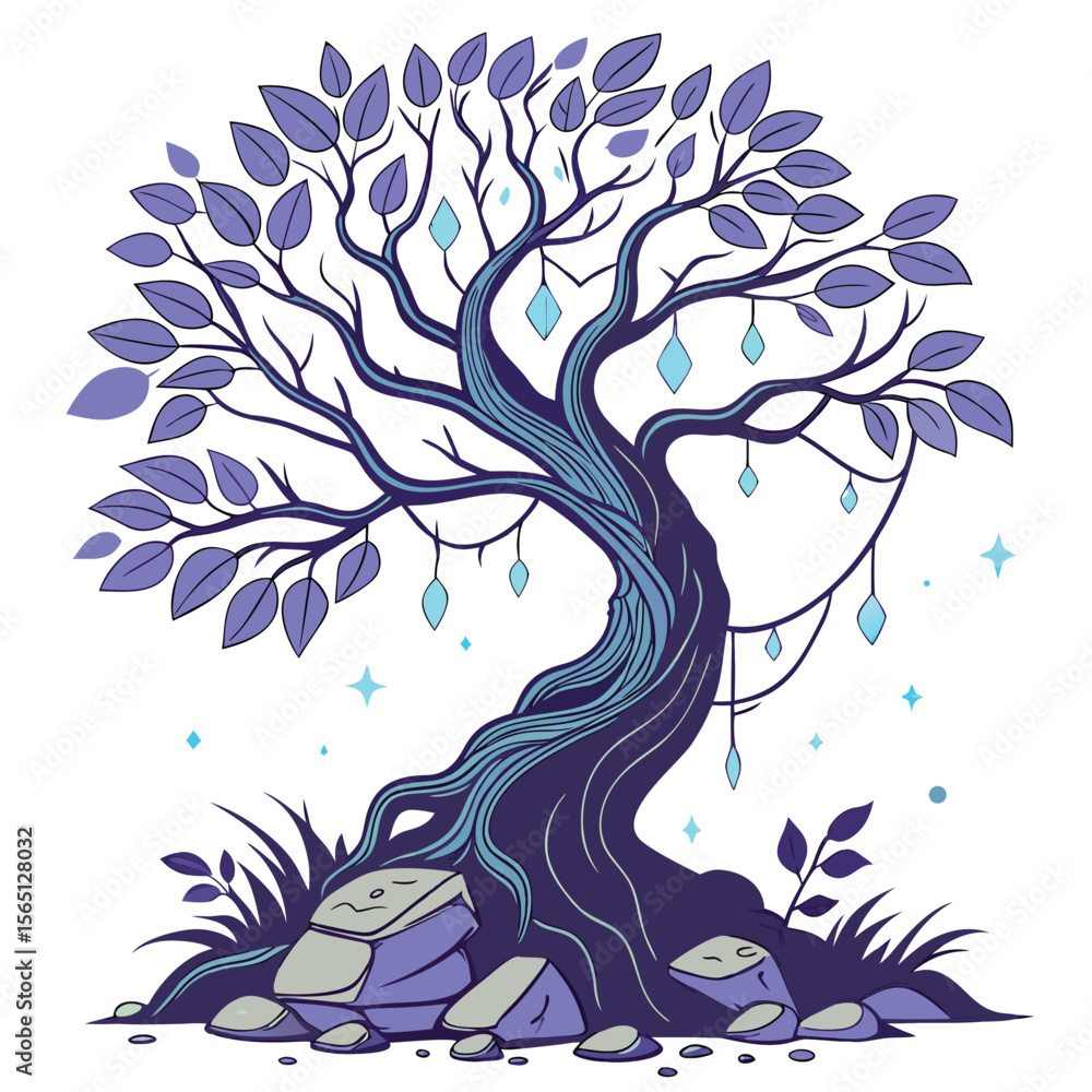 Poster Stylized Fantasy Tree Illustration with a Distorted and Curving Trunk Featuring Vibrant Colors and a Unique Artistic Design Suitable for Various Creative Projects and Applications