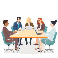 A group of five executives are sitting at a conference table, engaged in discussion. They appear focused and collaborative, with laptops and notes in front of them.